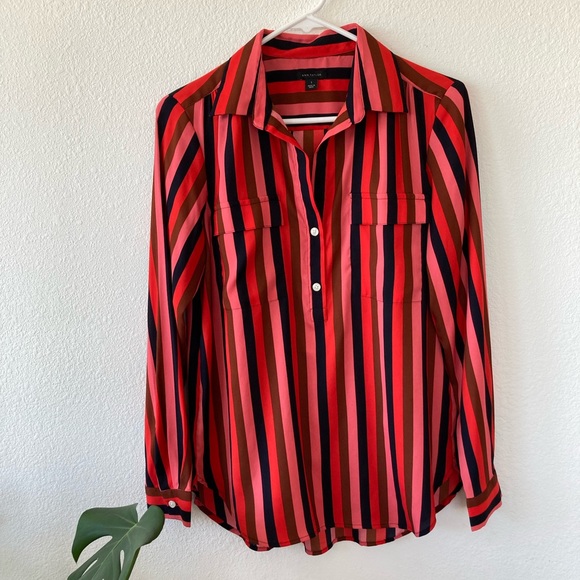 Ann Taylor Red & Black Stripe Button Front Blouse Size Small - Picture 3 of 14